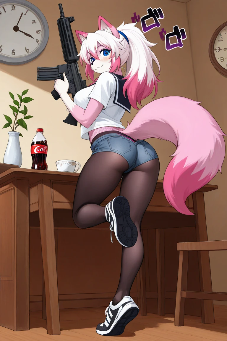 ((((((1boy)))))), fluffy pitch black hair, wolf ears, wolf tail, slim figure, ((pale skin)), RED eyes, dead expression, living room setting, seductive smug, baggy black hoodie, lean figure, big thighs, very slim waist, extremely big butt, bulge, thigh highs, blush