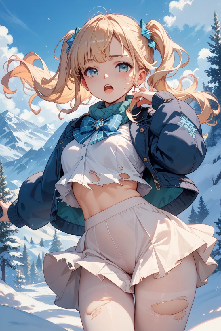 Blonde Wavy Hair Blue Eyes Fair skin Japanese cute beautiful girl 17 years old 168㎝ Different world Punk clothing dawn sun Icy ground Diamond dust Large Breasts