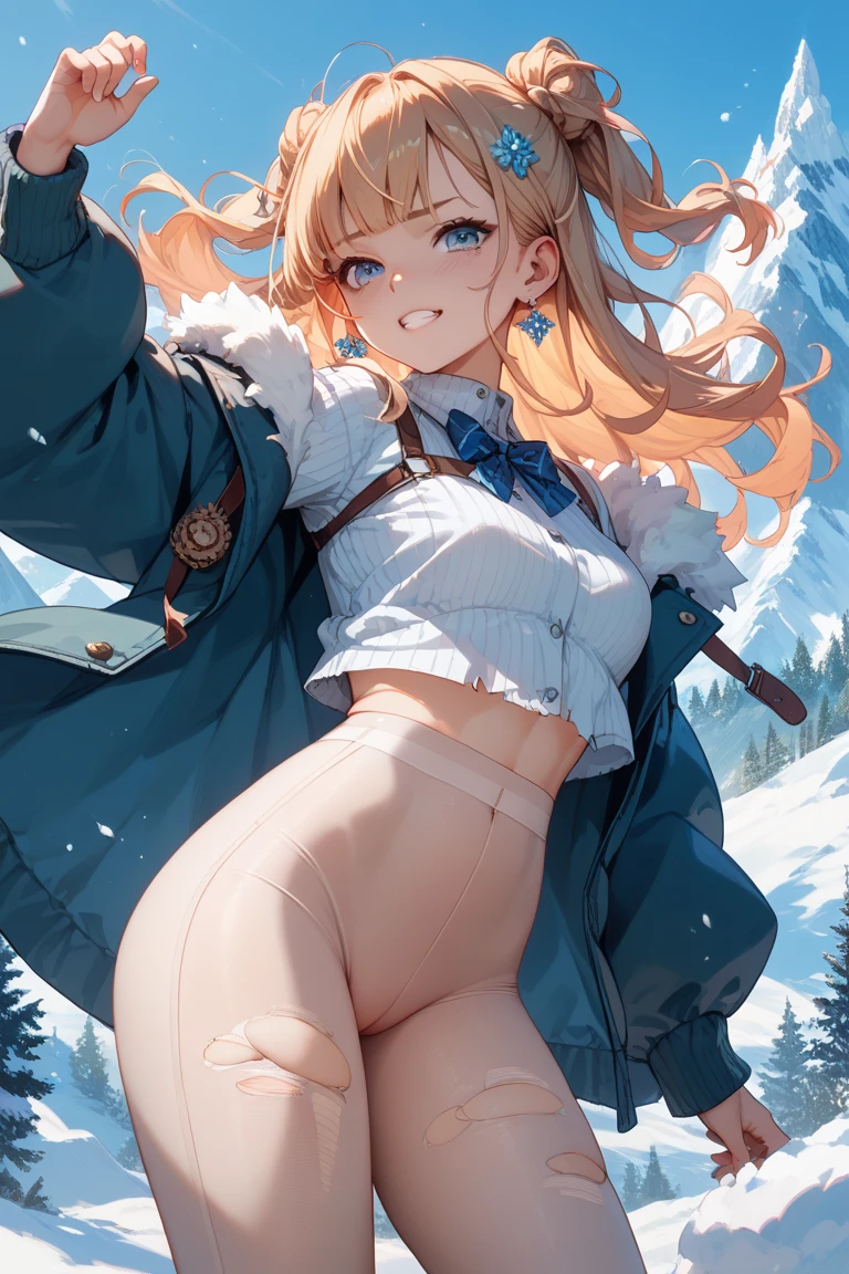 (photorealistic:1.5, highest quality,masterpiece,High resolution,muste piece),snow mountainに立つ1人の23歳の女性,bondage,(white swimsuit:1.5,Down jacket:1.3,choker), detailed eyes:1.7,detailed eyes:1.8,beautiful skin:1.8, (looking at the camera:1.2),(Photo seen from below:1.3),(Medium Hair:1.2,light brown hair:1.5), expression( Sly Smile:1.3),Pause( Seductive pose:1.5),background(snow mountain:1.5,ruins,apocalyptic world),(Medium chest,slender, abs:1.2), (Underwear visible through clothing),(Butt visible through clothes),(detailed perfect face),normal hands:1.5,normal finger:1:5,normal feet:1.5,(cameltoe)