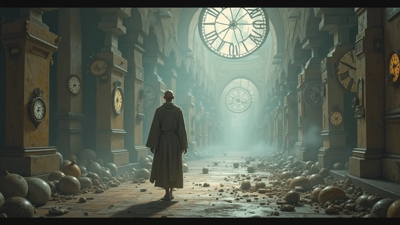 The monk walks in a hall of broken clocks — timeless awareness.