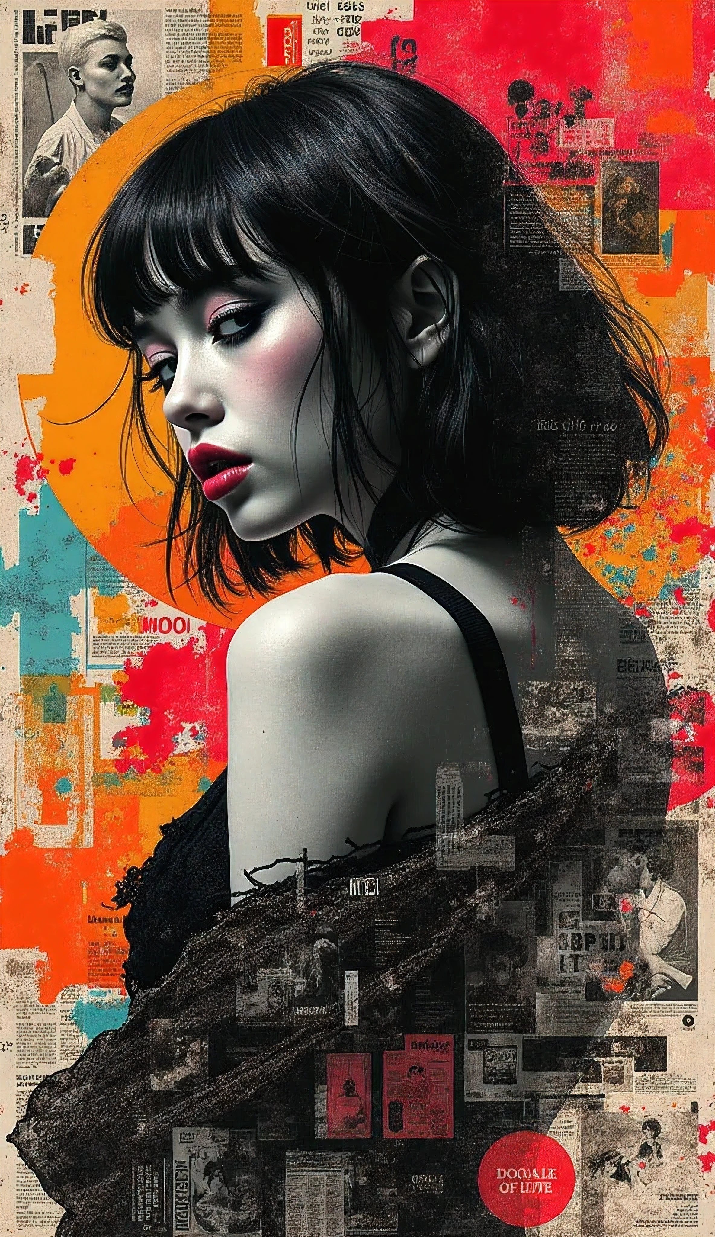 (Alluring and flirty cute pose,) A surreal retro collage artwork composed of vintage magazine cutouts, chaotic and rebellious composition, torn paper textures, bold pop colors, absurd juxtapositions, nostalgic aesthetic. Hidden within the vibrant scene is a black and white emo korean goth woman — subtly integrated, fragmented and partially obscured, standing still amidst the chaos. At first glance, unnoticeable, but revealed upon closer inspection. Evokes mystery and contrast, blending nostalgia with quiet defiance.
