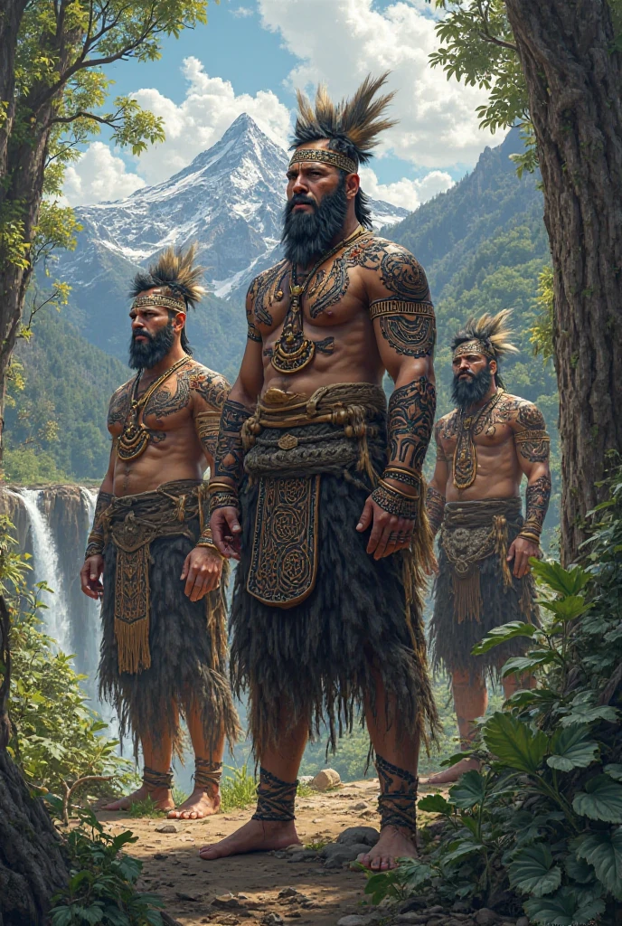 The Protectors wear clothing made from skins and natural fibers., adorned with tribal symbols and protective amulets. Their clothing is designed to camouflage them in the forests and mountains.. They use ritual masks and war paint to intimidate their enemies and connect with the spirits of their ancestors.. with the Fallout style