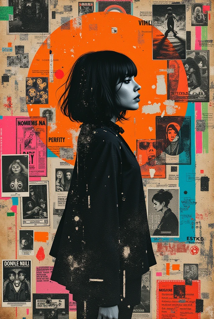 fallout 76 retro poster style (Alluring and flirty cute pose,) A surreal retro collage artwork composed of vintage magazine cutouts, chaotic and rebellious composition, torn paper textures, bold pop colors, absurd juxtapositions, nostalgic aesthetic. Hidden within the vibrant scene is a black and white emo korean goth woman — subtly integrated, fragmented and partially obscured, standing still amidst the chaos. At first glance, unnoticeable, but revealed upon closer inspection. Evokes mystery and contrast, blending nostalgia with quiet defiance.
