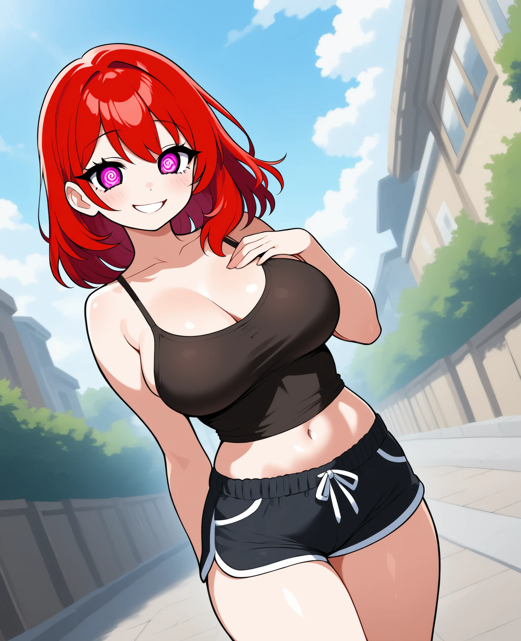  beauty　 Married Woman　Age 30　 red hair　medium hair　charming　glamour　tank top　shorts　sexy　Stern expression　smile　From the side of the whole body　spiral eye