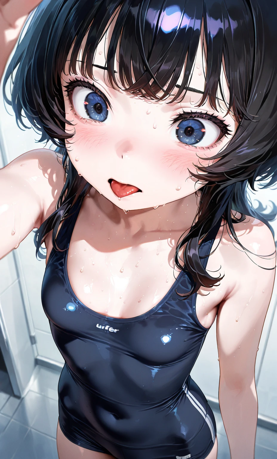 High resolution, woman , good lighting, despicable, , (No nudity), (((Dark blue shiny school swimsuit))), (()), (((leather thigh high boots))), (), abdomen only, , , cute face, I'Iは恥ずかしくて赤面します, humiliating, ((sit with legs spread)), ((wet with sweat))((Sticky residue on swimsuit.))sit on the bed in the room、