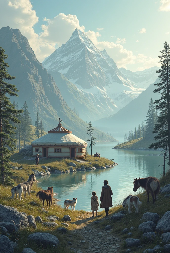 Yurt Berge Lake, Wolf,  3 Pferd,  1 girl, 1 Junge, 1 Mama, 1 Faultier, 1Luchs