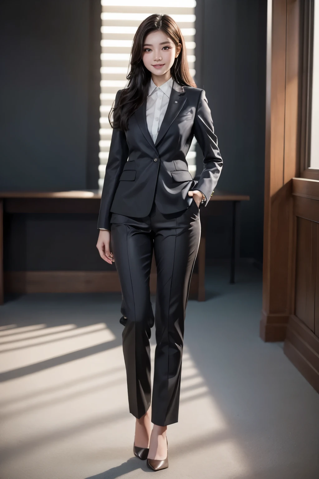 A hyper realistic carricature ,photorealism,of a woman 30 yo.with long black hair ,standing.wearing brown office suit pants ,light smile, high detail,high definition.full body,front view