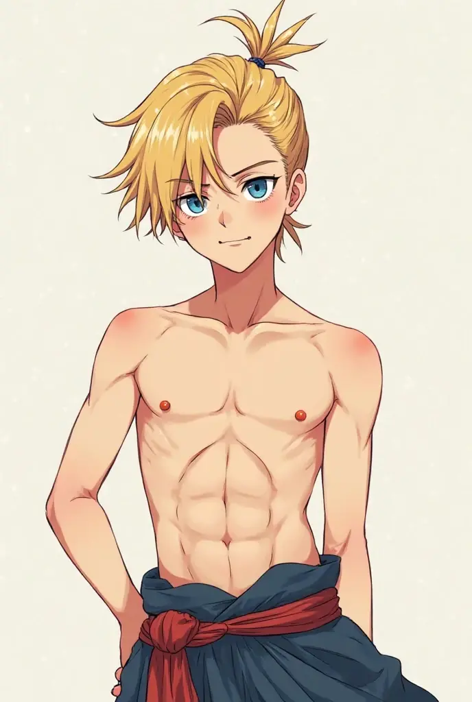 young boy, longue blonde hair, Green eyes, Purple T-shirt, White Elements, pants, open belly, hands behind head, Smile, Masterpiece, hiquality, 4k, HD, Good detail