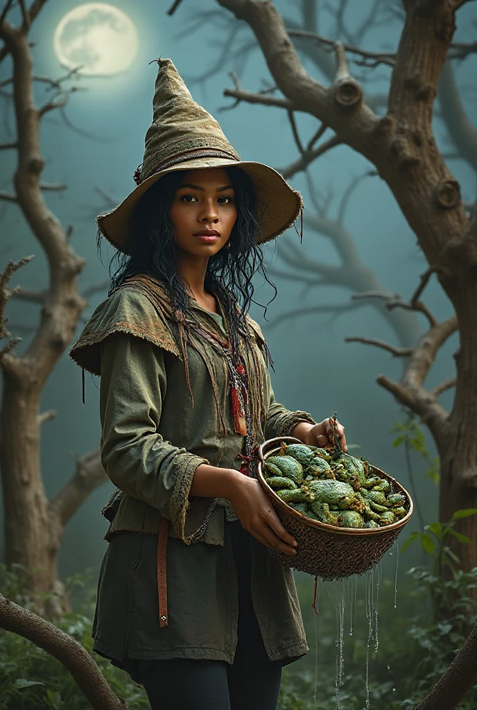 "A highly detailed, cinematic illustration of an young african american supermodel standing in a misty, enchanted forest. She has  long, tangled black hair tucked under a tattered, wide-brimmed hat. Her clothes are layered and patched, with earthy tones and magical trinkets hanging from her belt. In her hands, she holds a large, rusty steel sieve, overflowing with squirming, wet frogs of various sizes and colors. Some frogs are jumping out, while others blink with glowing eyes. The scene is lit with soft, eerie moonlight filtering through twisted tree branches, casting dramatic shadows. The atmosphere is magical, mysterious, and slightly eerie, in a realistic fantasy style 