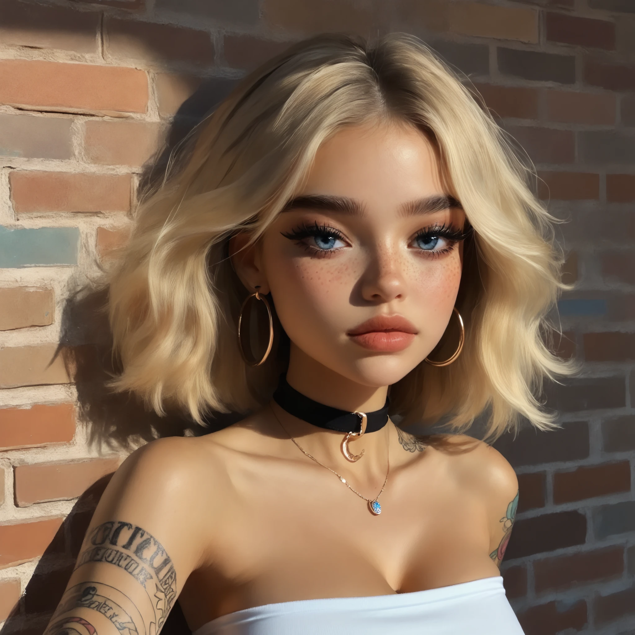 24 year old girl, unlit cigarette behind ear, close up, pale skin, blonde, influencer, model, beautiful, heavy mascara, heavy eyeliner, nose blush, freckles, tube top, tattoos, slender, slim, blue eyes, leaning against brick wall, elbows on knees, large breasts, dark makeup, black choker, large hoop earings