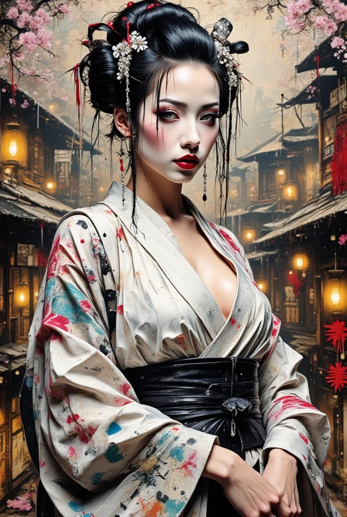 A geisha in a white kimono with a black slit band showing her thigh, large breasts. , And in the background a feodal village 