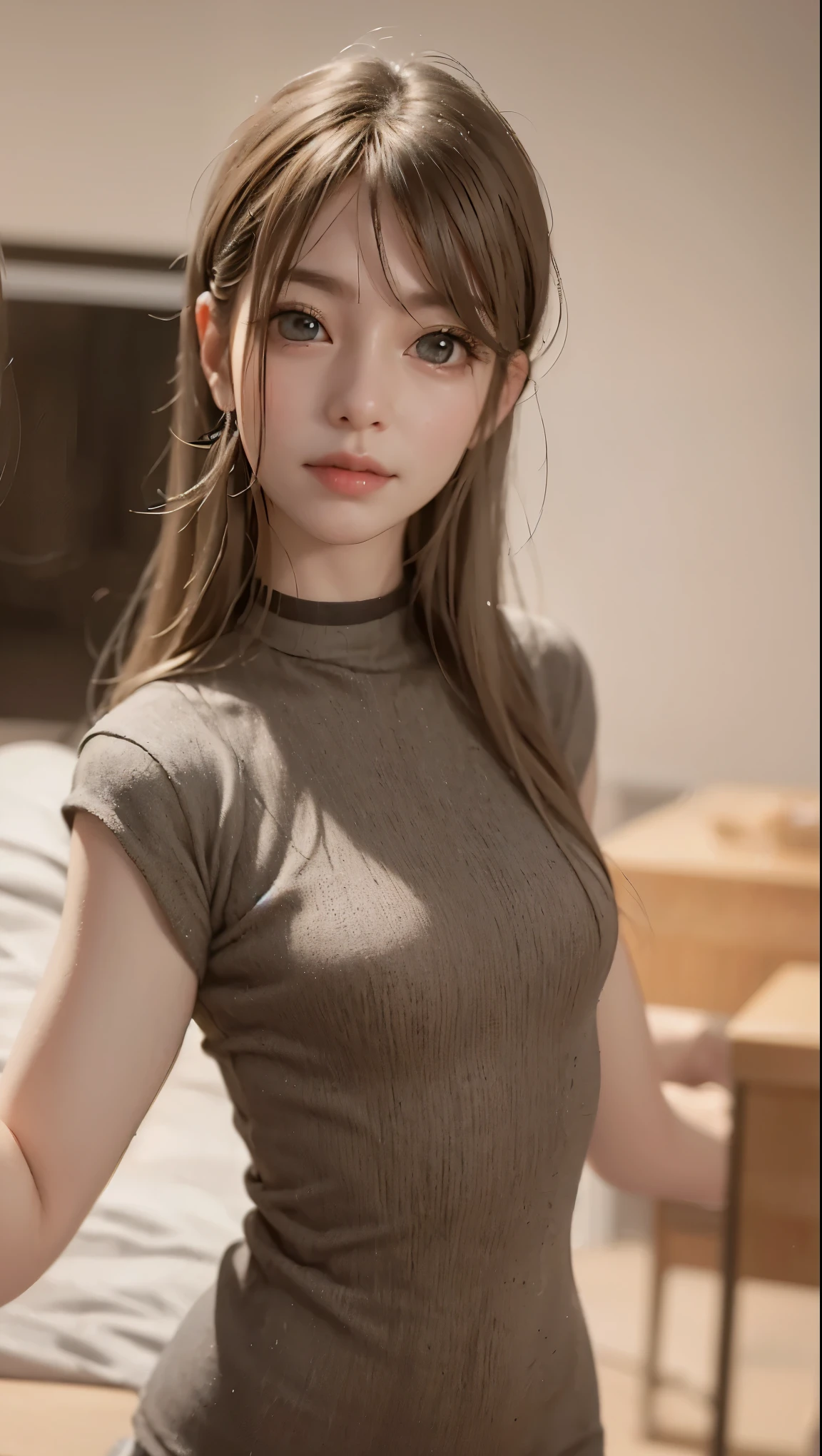 Anime girl, 26 years old, light brown hair, slightly yellow eyes, fair skin, timid expression, office clothes Uma garota de anime, age 26, light RED hair, yellowish brown eyes, skin fair, body skinny, smallbreast, shy expression and in office clothes. Clumsy and slightly awkward.