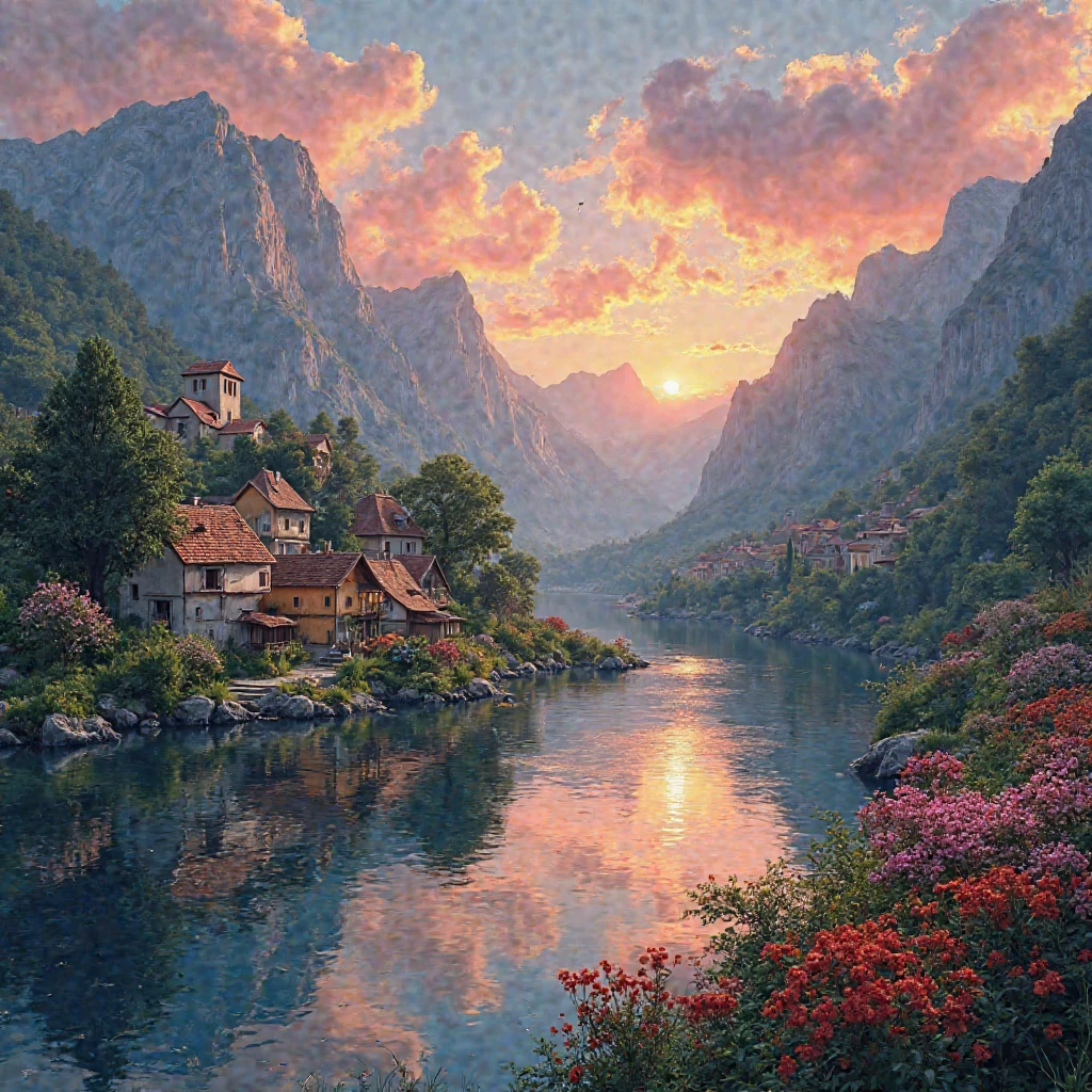 a small village by the river, mountains in the background, floral flowers colorful, detailed landscape, Beautiful natural landscapes, atmospheric lighting, scorching sunset, warm colours, practical, photopractical, Detailed Foliage, complex buildings, cobblestone street, Charming country house, swirly vibrant colors, lush vegetation, Still water reflections, Picturesque, idyllic, work of art, best qualityer, 8k, extremely detaild,anime styling