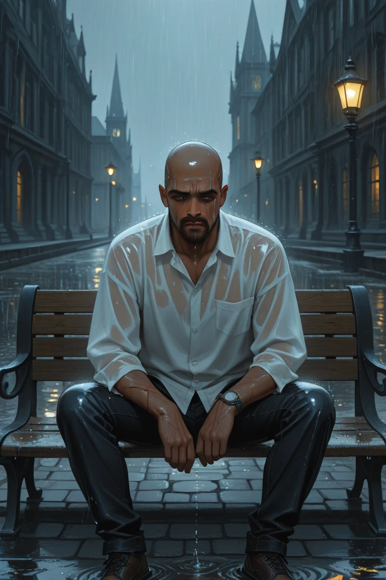 Imagine a man sitting on a bench alone, crying under the heavy rain on a dark and misty night in one of London's alleys. Looking down feeling sad and guilty. wearing oversized white shirt, black jeans, g shock watches, bald head and lebron James beard, his dark brown skin illuminated only by the faint glow of distant street lamps, a distinctive scar above his left eyebrow and another on the left corner of his mouth, his facial features gaunt and weathered, his eyes cast downward, his dark hair disheveled and dripping with rainwater, the sound of raindrops echoing off the wet cobblestone pavement, the atmosphere thick with mystery and intrigue, the city's Gothic architecture looming in the background, its stone walls glistening with rain. Heavy rain and foggy. Cinematic lighting. Realistic detailed anime.