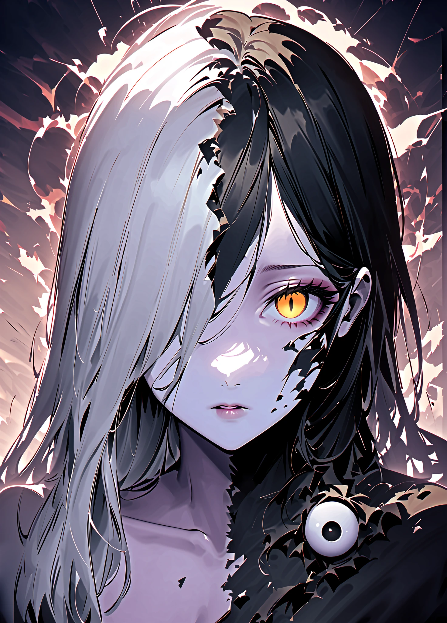 fg, A portrait of Hel, the ruler of Helheim. Her marvelous wild mane covers part of her beautiful face and bare chest. Both eyeballs are completely blank and featureless, devoid of pupils and irises, and extend across the entire eye region, blending seamlessly into the surrounding facial area, while the eyes remain fully open. The face is divided into two halves. The left side shows signs of decay and decomposition, with lifeless dark-coal skin, hard bones are visible under the torn skin, shreds of golden ash detached from her skin. Her left eyeball is completely golden. The right half of the face is of unearthly beauty, with immaculate, flawless white skin. Her right eyeball is completely snow-white. The transition between the two halves of the face is fluid and unobtrusive, symbolizing the brief moment between life and death. The picture showcases a surreal and abstract style, created using pencil and ink, characterized by a monochromatic scheme with predominant shades of black, white, and gray, which has been digitally enhanced.