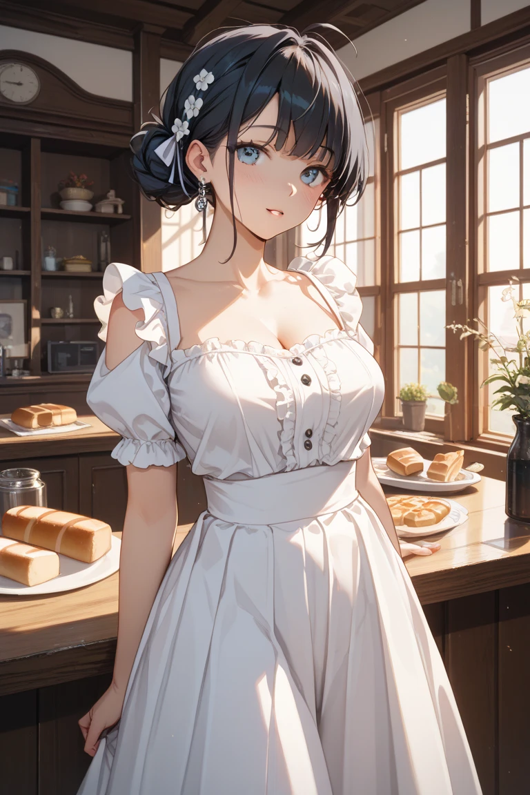 矢澤nico, nico, Long hair, blush, Bangs, Blue eyes,Standing、 Ponytail, 1 black hair girl,Apron naked、beutiful breast,Twin-tailed、A smile, Red color ribbon, on breast, BREAK is indoors with a naked apron,kitchin, BREAK is a masterpiece、absolute reference to center、super precision、animesque、独奏,animesqueイラスト風、masutepiece,Best Quality,Detailed high-definition CG, 矢澤nico、(Perfect hands, perfect naked anatomy),shelves,a little food,Sunlight,window,Hands on the hips、Show to the audience