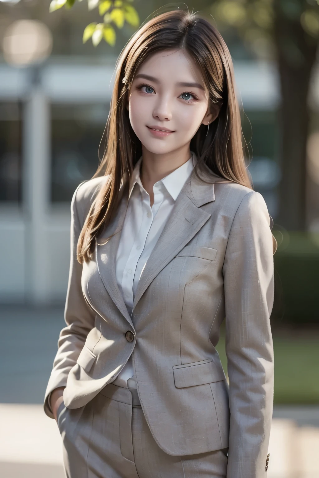 A hyper realistic carricature ,photorealism,of a woman 30 yo.with long hair ,standing.wearing brown office suit pants ,light smile, high detail,high definition.medium body,front view
