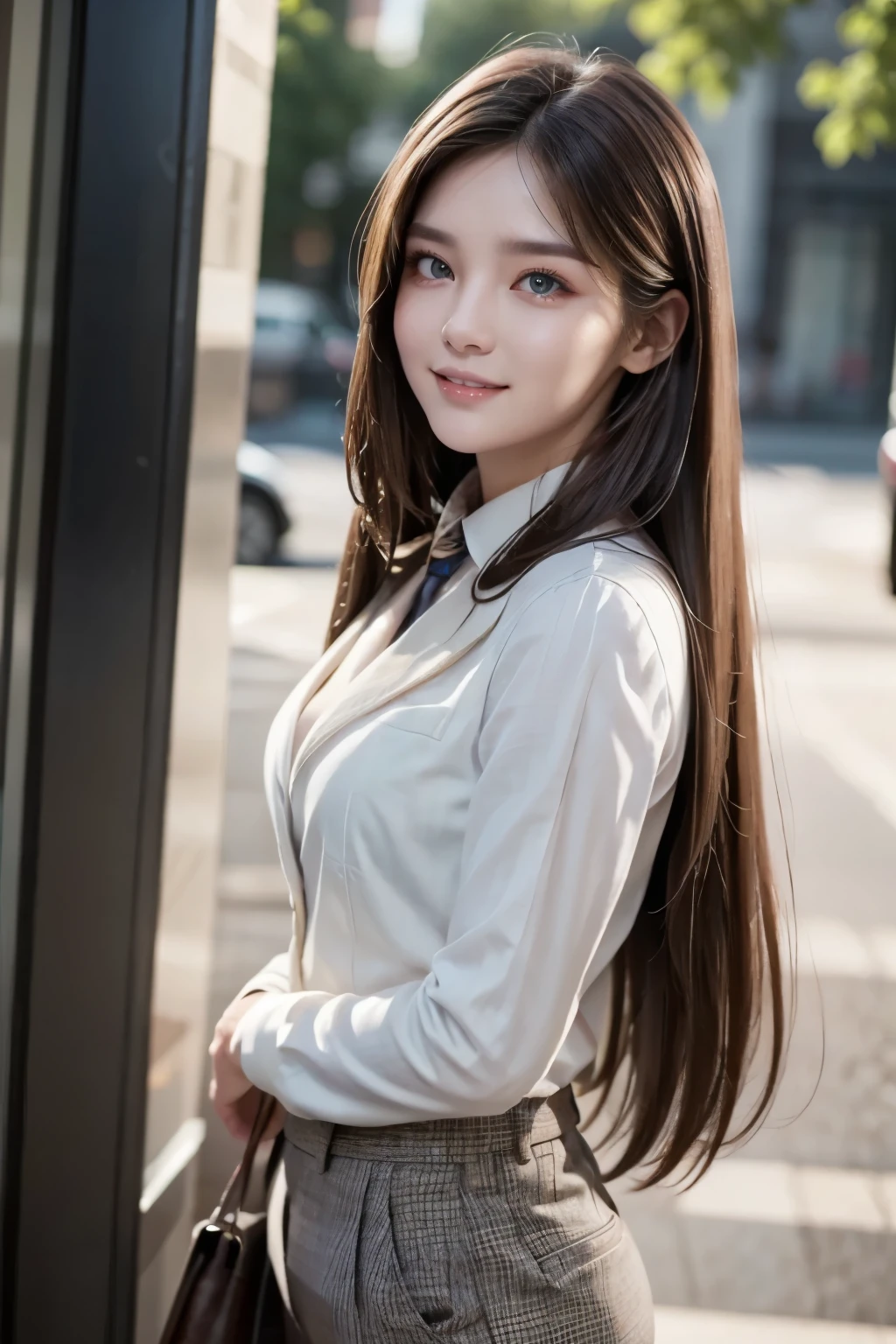 A hyper realistic carricature ,photorealism,of a woman 30 yo.with long hair ,standing.wearing brown office suit pants ,light smile, high detail,high definition.medium body,front view
