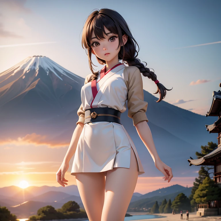 Japanese ager, pretty face, young face, thin chin, bangs, braids, long brown hair, pale skin, very slim, skinny body, straight breasts, flat breasts, small breasts, thin legs, short legs, skinny thighs, wearing a tiny A-line dress, walking, Sunset, Mount Fuji in the background, artwork, detailed setting, cozy setting, pokies, camel toe, cinematic lighting, masterpiece, highly detailed, high definition, detailed scenery, hyperrealistic anime, full body, 135mm lens