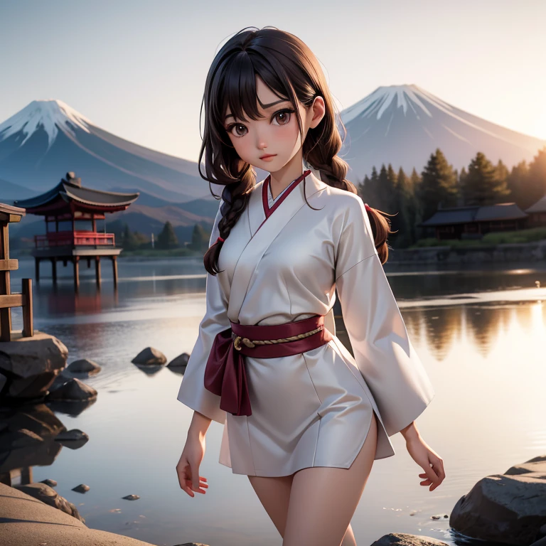 Japanese ager, pretty face, young face, thin chin, bangs, braids, long brown hair, pale skin, very slim, skinny body, straight breasts, flat breasts, small breasts, thin legs, short legs, skinny thighs, wearing a tiny A-line dress, walking, Sunset, Mount Fuji in the background, artwork, detailed setting, cozy setting, pokies, camel toe, cinematic lighting, masterpiece, highly detailed, high definition, detailed scenery, hyperrealistic anime, full body, 135mm lens