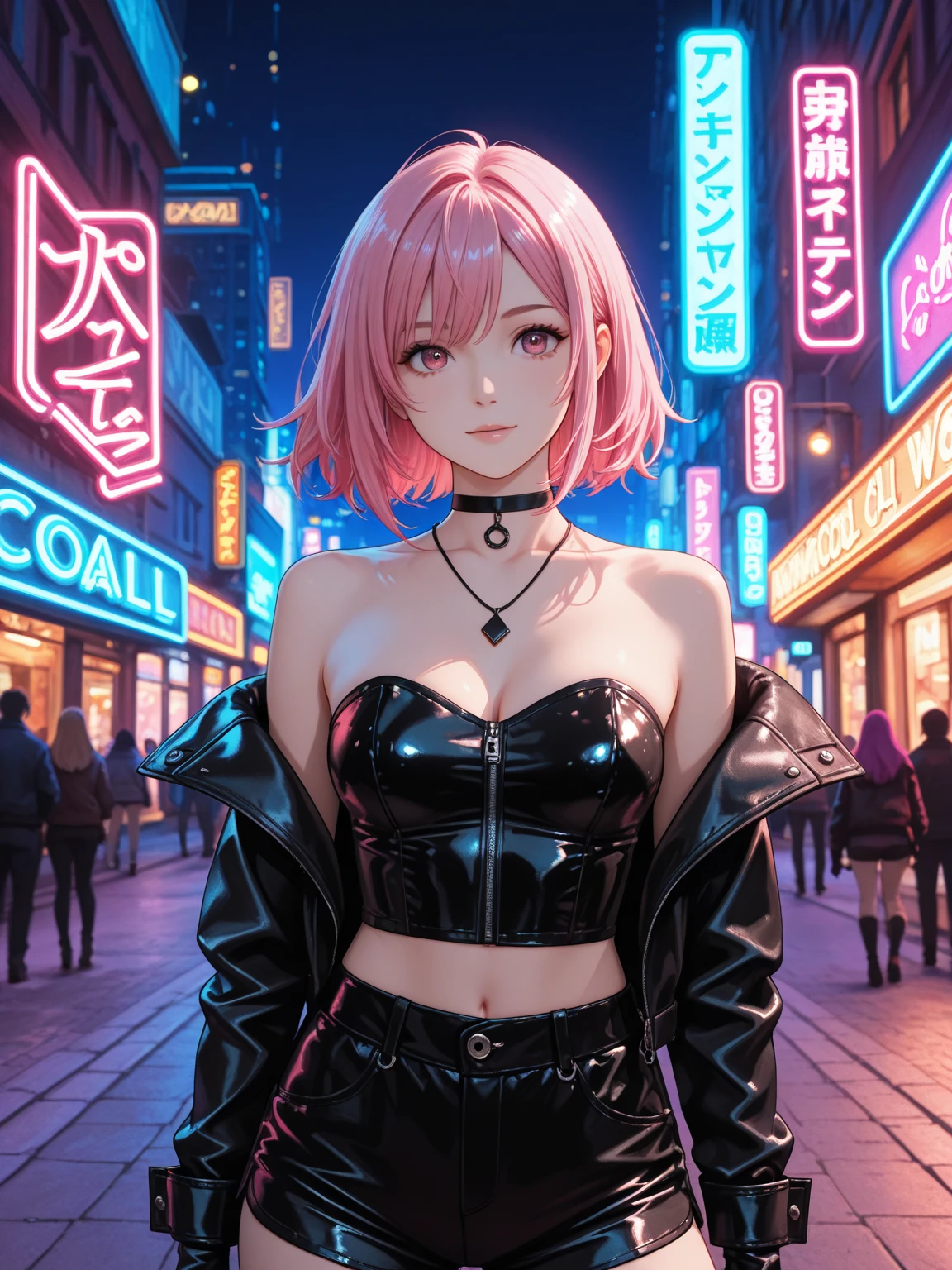 Shoulder-length pink hair, wearing a strapless black leather top with matching shorts, black leather gloves, and a black choker necklace. Posing confidently in an urban nighttime environment, with bright neon signs and city lights in the background, casting a cool, vibrant atmosphere and well-defined lighting.