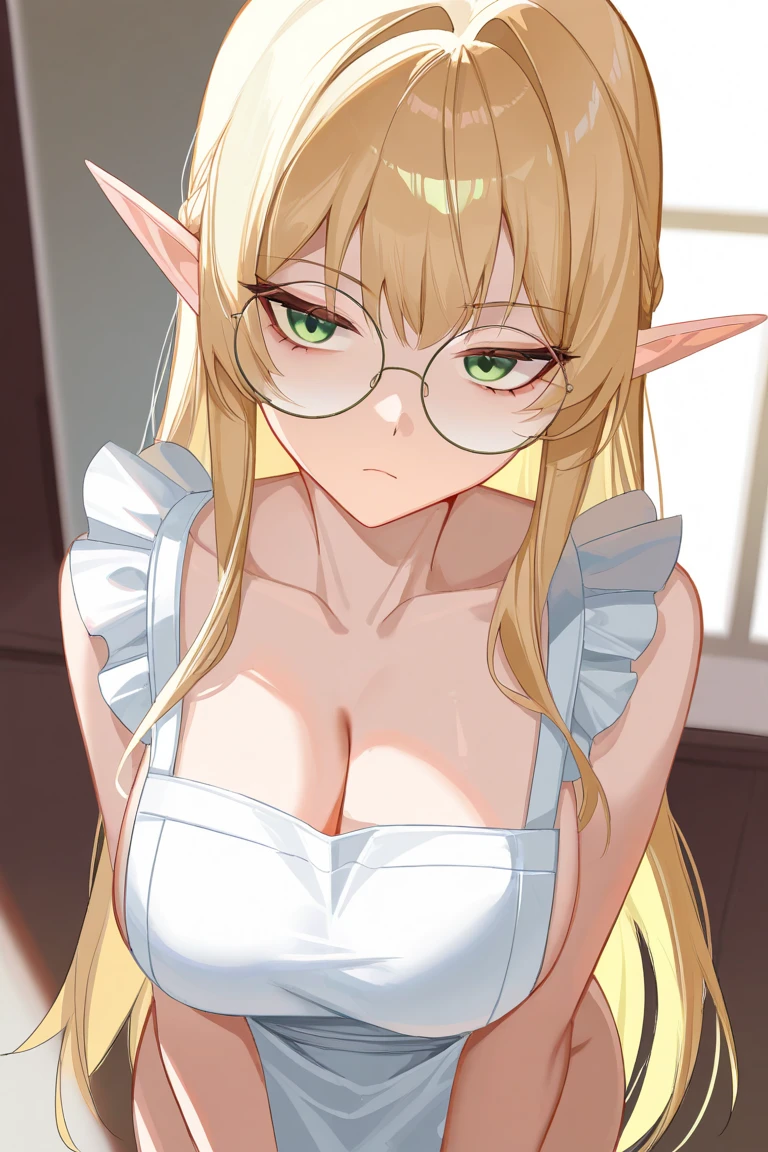 (masterpiece, best quality) detailed,  silver accessories ,  blond ,elegant,  pointed ears ，Off the shoulders，round frame glasses，Big ，edgBunny，bunny girl
