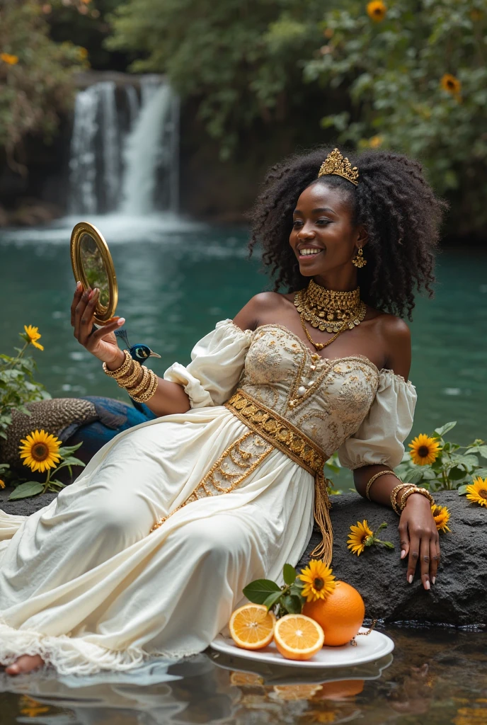 An image of a happy black woman, who lives in an Enchanted Valley, in the image she is surrounded by 6 magical creatures, 1 battle, 1 unicorn, 1 elf, 1 dragon, and 2 friends. in the background a large and majestic tree, a kingdom with a castle made of shining crystal