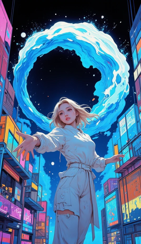 a  woman, ((flying, lean forward)), between colorful buildings, looking at viewer, futuristic white outfit, , ((she extends her hand to viewer)), beautiful face, innocent eyes, blonde hair, ((blue chromatic mists, chromatic light particles, a blue spiral dimensional gate appearing in the background, vapor gate with light particles)), on night sky, starry sky, vapor wave, psychedelic, vaporwave style with cyberpunk color lights), cinematic, very aesthetic, starry sky, swaying hair, delicate, high details, amazing quality, good quality, velvet_myst, anatomically correct, dynamic pose, dynamic low angle, she is falling from the gate to the viewer, face focus. depth of field, centered composition.