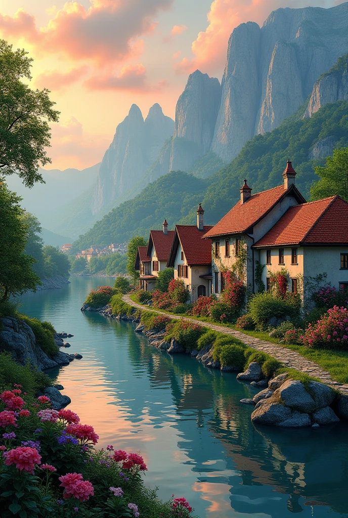 a small village by the river, mountains in the background, floral flowers colorful, detailed landscape, Beautiful natural landscapes, atmospheric lighting, scorching sunset, warm colours, practical, photopractical, Detailed Foliage, complex buildings, cobblestone street, Charming country house, swirly vibrant colors, lush vegetation, Still water reflections, Picturesque, idyllic, work of art, best qualityer, 8k, extremely detaild,anime styling