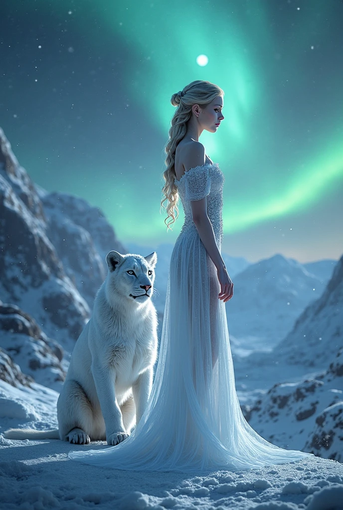 ice princess and white lion cub in iceland at night