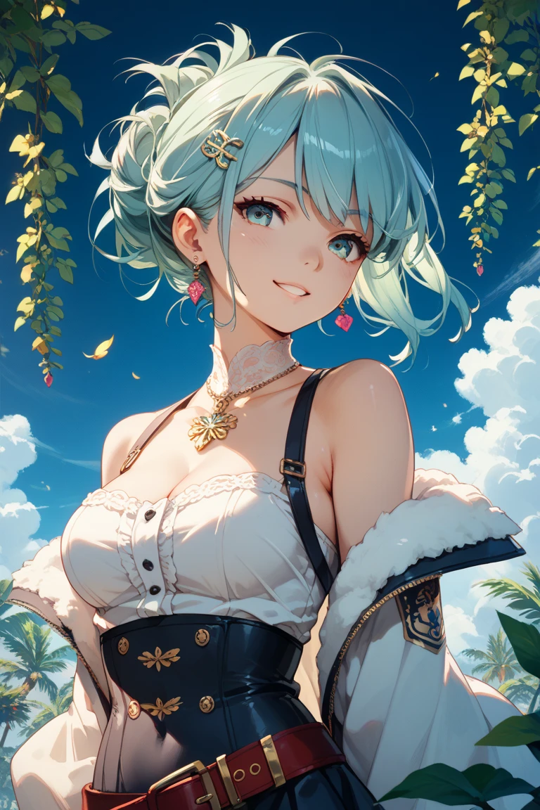 (Highest quality:1.2, High Detail, masterpiece:1.2, Best aesthetics), (1 girl), Beautiful woman, Beautiful detailed eyes, Beautiful detailed lips, Highly detailed face, Delicate depiction of hair and eyes, Detailed Fashion, (detailed background:1.2) ((Portraiture, Cowboy Shot)), Aqua Eye, huge ahoge, Mouth open, Earrings, View your viewers, big breasts, upper body, full body from knees to head, gaze away, gaze into the distance, smile lightly, fancy nails, bracelet, medium hair, yellow color inner hair, gray hair, separate, cheerleader, frilled skirt