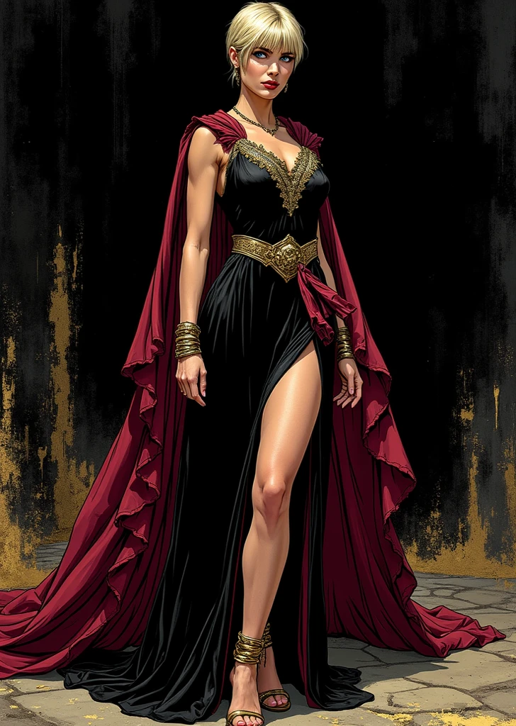 (ultra-detailed, photorealistic, best quality, 4k, 8k, highres, masterpiece:1.3), Princess Daena Targaryen, age 30, a sophisticated and self-assured individual, Known for her timeless beauty and regal style, She has the classic Targaryen features of silver-gold hair and violet eyes, She has a refined sense of fashion, always appearing elegant and majestic, Her outfit includes a Top: A simple, sleeveless tunic made of coarse linen or wool, often slightly tattered or worn, revealing more skin than typical attire of the time, Bottom: A plain, ankle-length skirt made from rough fabric, with a modest slit to allow for easier movement, Shoes: Basic leather sandals or worn-out boots, practical and functional rather than decorative, Accessories: Modest wooden or bone jewelry, such as simple bracelets or necklaces, adding a touch of personal flair despite their simplicity, Additional: A rough, woolen shawl or cloak that she can wrap around herself for warmth, often adding a layer of mystery and modesty to her appearance, (((intricate detail, super finely detailed hands, ultra finely detailed fingers, ten fingers, walking confidently, full body showcase, show full body))), in a fantasy background featuring a grand medieval castle with towering spires, surrounded by lush, enchanted forests, and a distant, mystical dragon flying in the sky.