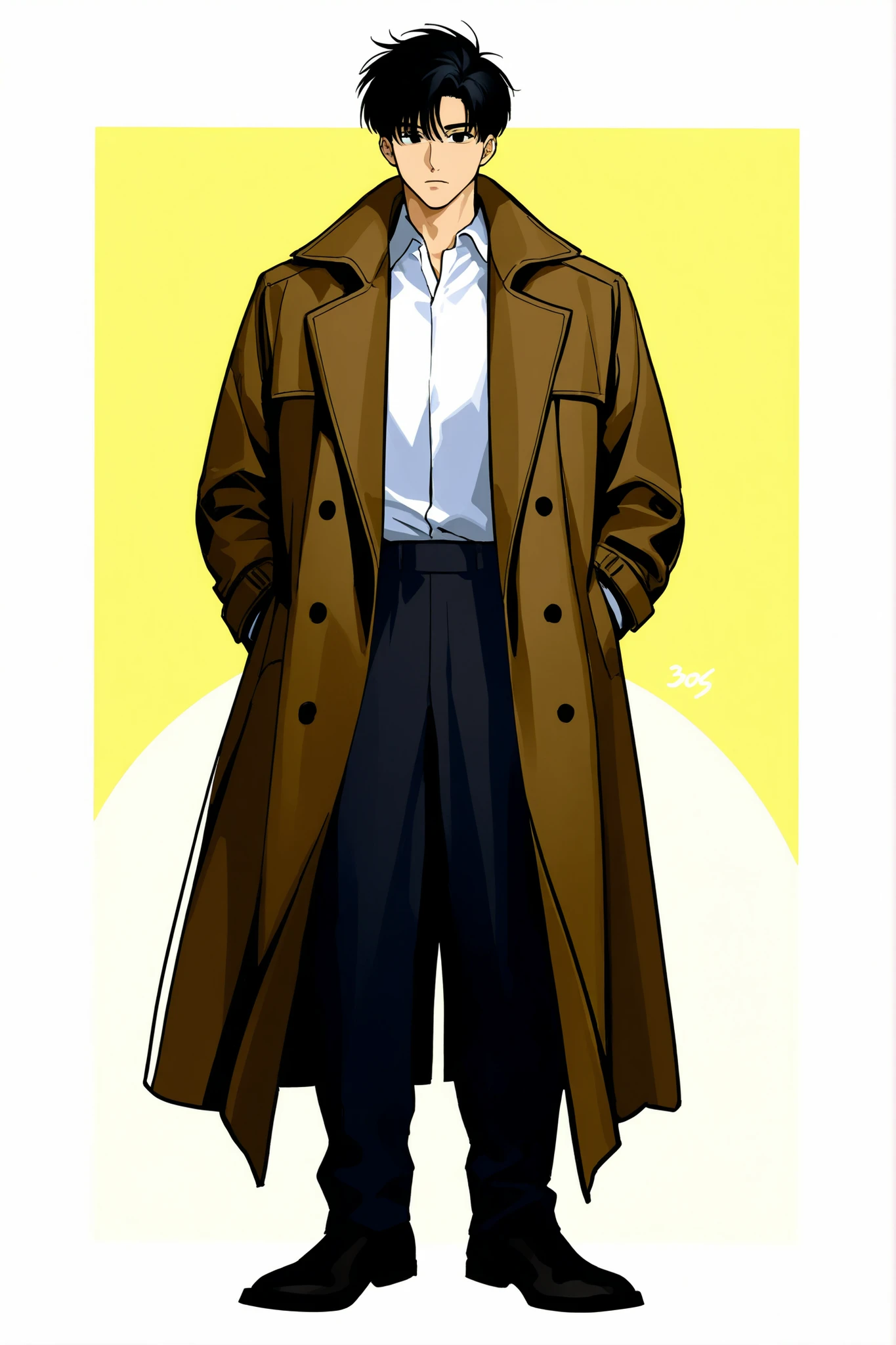 one man, Brown Coat, black hair, black eyes, Stubborn, full body, white shirt, Late 30s, sling