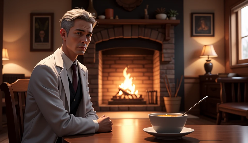 Full-length view from a distance in bright colorful tones. Realistic anime. cinematic framing, Pixar style combined with anime, soft but bright colors, stylized 3D rendering with smooth cartoon textures. View from afar from a long distance. stylized 3D anime, soft side lighting, Pixar style, Unreal Engine, realistic cartoon. Front view from afar - from a long distance.

Rustic interior with a blazing fireplace, wooden furniture, hot soup on the table, warm candlelight, cozy textures, welcoming atmosphere. Serious male oncologist, 50s, cool expression, short gray hair, atmospheric lighting, dramatic focus. sitting at the table.