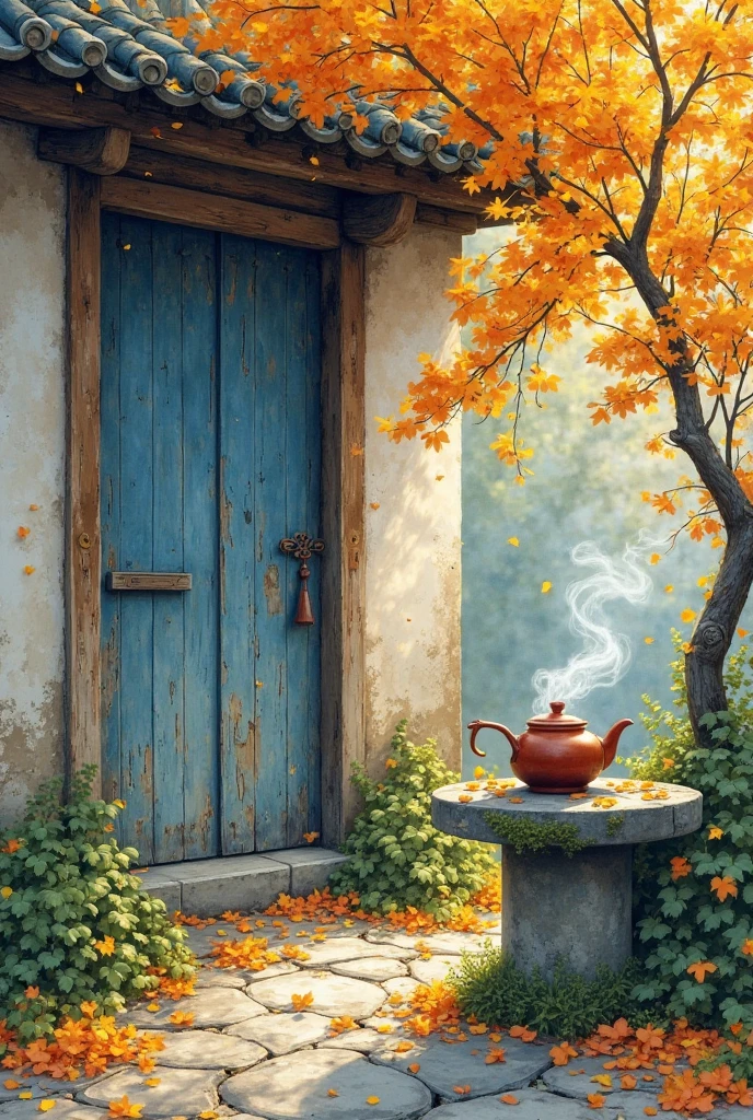 "Vintage wooden door with peeling blue paint, stone path covered by fallen ginkgo leaves, clay teapot steaming on mossy stone table, soft golden hour lighting, nostalgic atmosphere --style watercolor --ar 16:9"