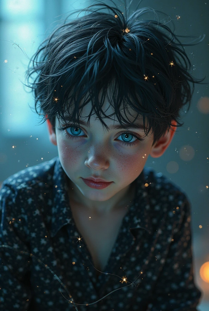 ((Highest quality)), ((masterpiece)), (detailed), night,A 4-year-old human looking to the side,eyes are hidden by bangs,Many small light-blue balls are flying around,Horror,A painting that looks like it was painted with watercolors,4 year old boy,Fantasy,mysterious