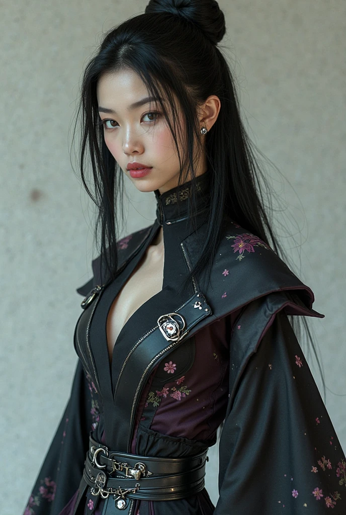 she has sleek, shoulder-length black hair that falls straight and smooth around her face. her fair skin contrasts sharply with her sharply defined features, giving her an almost exquisite quality. her eyes, a striking mix of teal and blue-green, glisten with an almost jade-like intensity, and her gaze is often distant, pensive, or slightly aloof, adding to her enigmatic aura. her nose is delicately refined, while her lips remain set in a neutral, almost imperceptibly thin line, further emphasizing her composed demeanor.

her slender, elegant frame moves with grace, and her posture is poised and confident. 
in most cases, she is often dressed in a high-collared, form-fitting garment adorned with floral patterns depicting the oriental tradition of her chinese heritage, blending elegance with a hint of traditional influence. now, when it comes to her hashira uniform, its base is a deep black with silver accents along the edges to evoke moonlight glinting off steel. dark plum undertones are subtly visible under movement, and her hashira haori is sleeveless, trailing longer at the back like wings. overall, it is long, flowing, and asymmetrical, designed to resemble both feathers and gusts of wind. the inner lining has faint wisteria prints, a personal homage to the fallen. her main outfit is a tailored, lightweight uniform akin to Shinobu's but designed for maximum stealth and mobility, form-fitting but flexible. the sleeves are fingerless and wrap tightly around her arms like bandages, both for grip and style. 

a black metallic sash holds her twin chakrams securely behind her waist, and a silver half-mask clipped at the side of her belt, not often worn but symbolizing her emotional restraint and past. thin silver cords wrap around her boots and wrists like the wind binding a warrior. when on a mission, her hair is tied high in a graceful but battle-ready style, held in place by a crescent comb. 