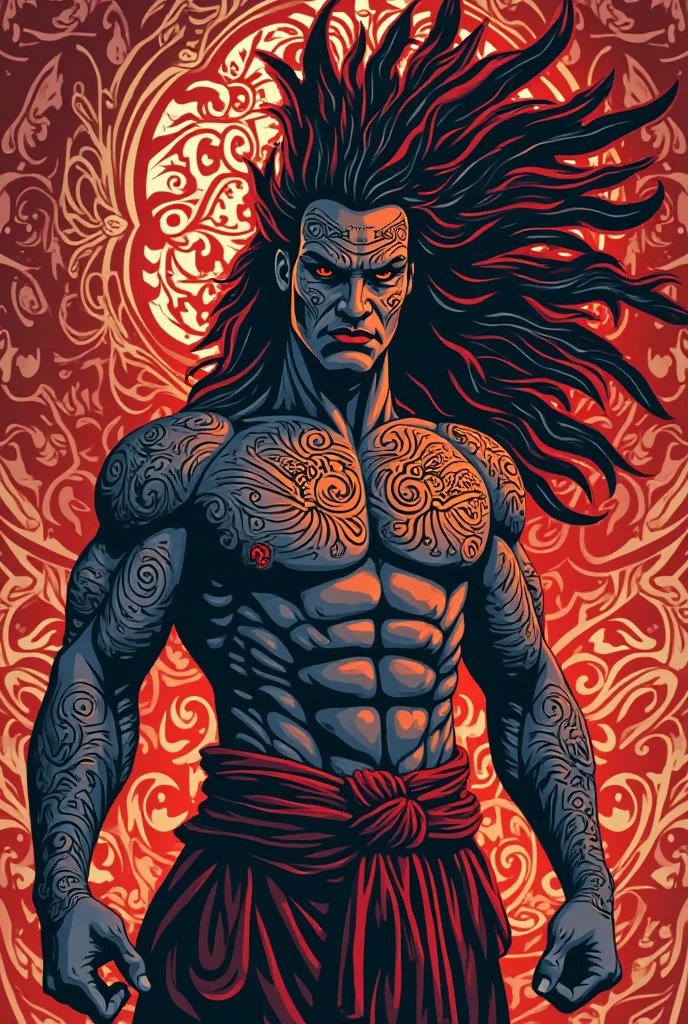 MAKE A TEMPLATE FOR A JAPANESE STYLE TATTOO THAT WILL GO ON THE TORSO ON THE LATERAL PART WHERE THE RIBS ARE LOCATED, I AM LOOKING FOR A DESIGN OF THE RAIN VILLAGE STATUE WHERE PAIN STOOD (Naruto Character) TO BE ABLE TO SEE THE WHOLE VILLAGE, A DESIGN ADHERING TO THE TRADITIONAL JAPANESE ILLUSTRATION AND THAT MAKES AN IMPACT IN THE SENSE THAT IT LOOKS IMPOSING, CONSIDERING THE CHARACTERISTICS OF THE JAPANESE TATTOO