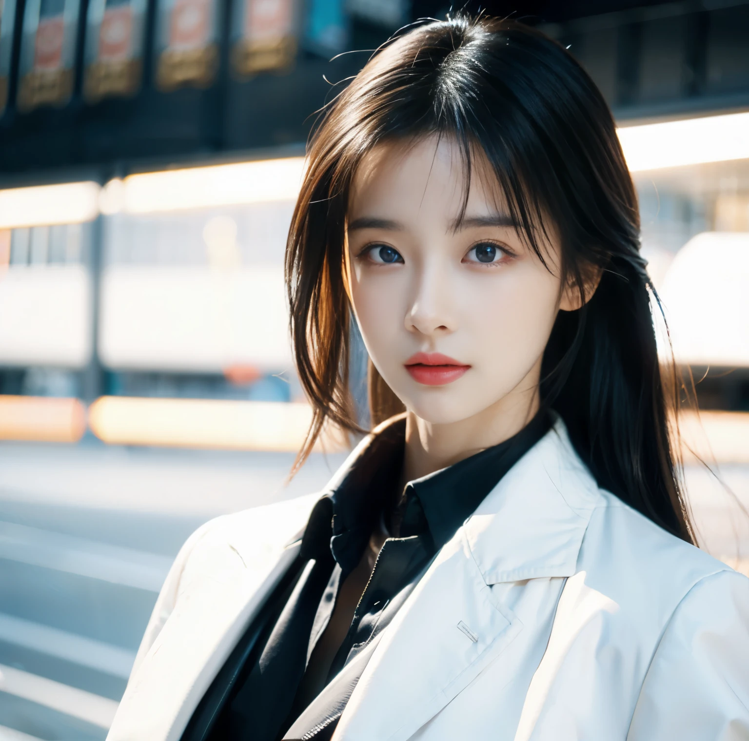 8K quality, pictures, Two beautiful men and beautiful women, (Beautiful like a goddess), in the city where the backlight of the intense sunset is dazzling, From the neck up, Red thin string ribbon tie on the collar, (Extra-fine silver glasses:1.2), (Brilliant, beautiful, bright blue eyes), (Blonde hair blowing in the wind), White Porcelain Whitening Skin,  has bangs, super big , Photograph, look at the camera, 