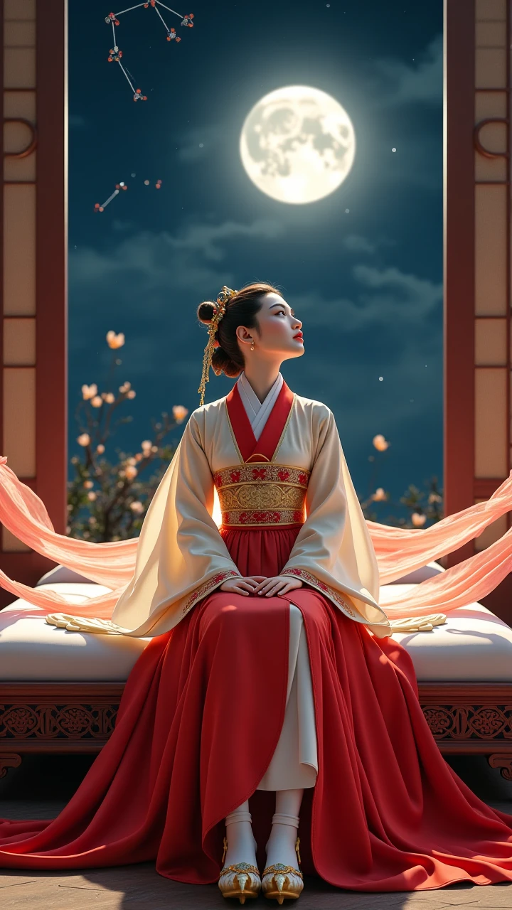 A hyper-realistic cinematic portrait of a Korean goddess inspired by the Cancer zodiac, portrayed in a fusion hanbok with royal aesthetics.
She wears a traditional hanbok with a long, flowing skirt that reveals only the ankles and elaborately designed shoes inspired by a crab’s shell in traditional Korean colors.
Her waist is adorned with elegant, armor-like embroidery resembling a crab’s firm shell, symbolizing strength and protection.
Her shoes are custom-designed with claw-like curves, and she wears white beoseon socks with golden embroidery.

Her hairstyle combines the elegance of traditional Korean gache (royal wig) with a modern voluminous wave, and decorated with golden hairpins and jade accessories.
She wears a red silk bokjumeoni (fortune pouch) at her waist with a small crab-shaped norigae.

The goddess is seated gracefully on a royal-style bed frame carved with celestial symbols, inside a traditional Korean palace-inspired room.
She looks up toward the night sky, her expression serene and powerful.

In the sky above her, the Cancer constellation glows ethereally, as if floating just beyond the clouds.

A translucent silk ribbon flows from her back like a divine aura, fluttering with the wind.

The entire scene is rendered in ultra-detailed 4K photorealistic style, with cinematic lighting, moonlight casting shadows across her face and traditional patterns reflecting faintly on the floor.

The mood is mystical, majestic, and steeped in a sense of celestial destiny.