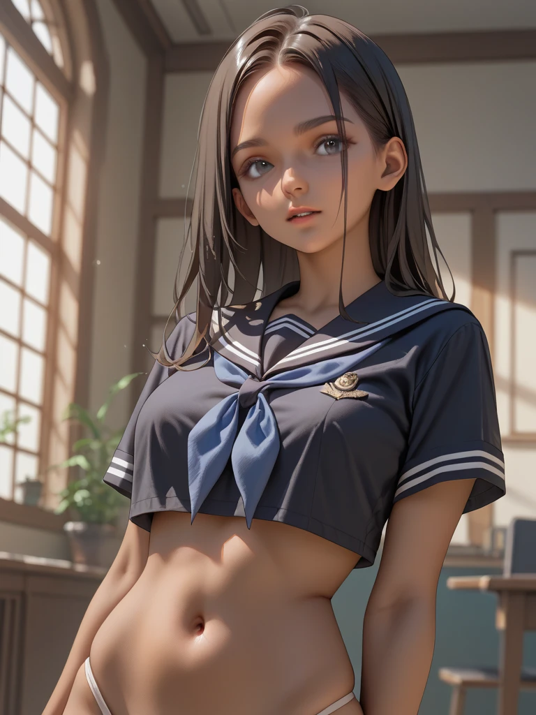 1 lady, HD quality, anime, solo, cowboy shot, (sitting with hands back:1.5), (open legs to limit:1.5), (with one knee up:1.3), (showing pubic area:1.4), (under boob:1.5), (Large breasts), (cleavage), (shiny white skin), smiling, (thin thighs:1.5),(Sailor uniform only for the upper body:1.5), (Crop Top sheer white shirt:1.5), (sleeveless:1.6), without brassiere, (sheer white tiny micro thong:1.5), poolside, (Green eyes, detailed eyes), blue sailor collar, high-heeled shoes, red ribbon tie