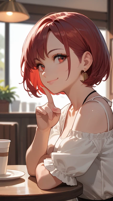 1 girl, solo, high resolution, Look to , smile, red eyes, accessories, earrings,  quick, red hair, Cafe,short bob,finger heart