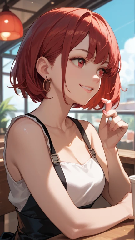 1 girl, solo, high resolution, Look to , smile, red eyes, accessories, earrings,  quick, red hair, Cafe,short bob,finger heart