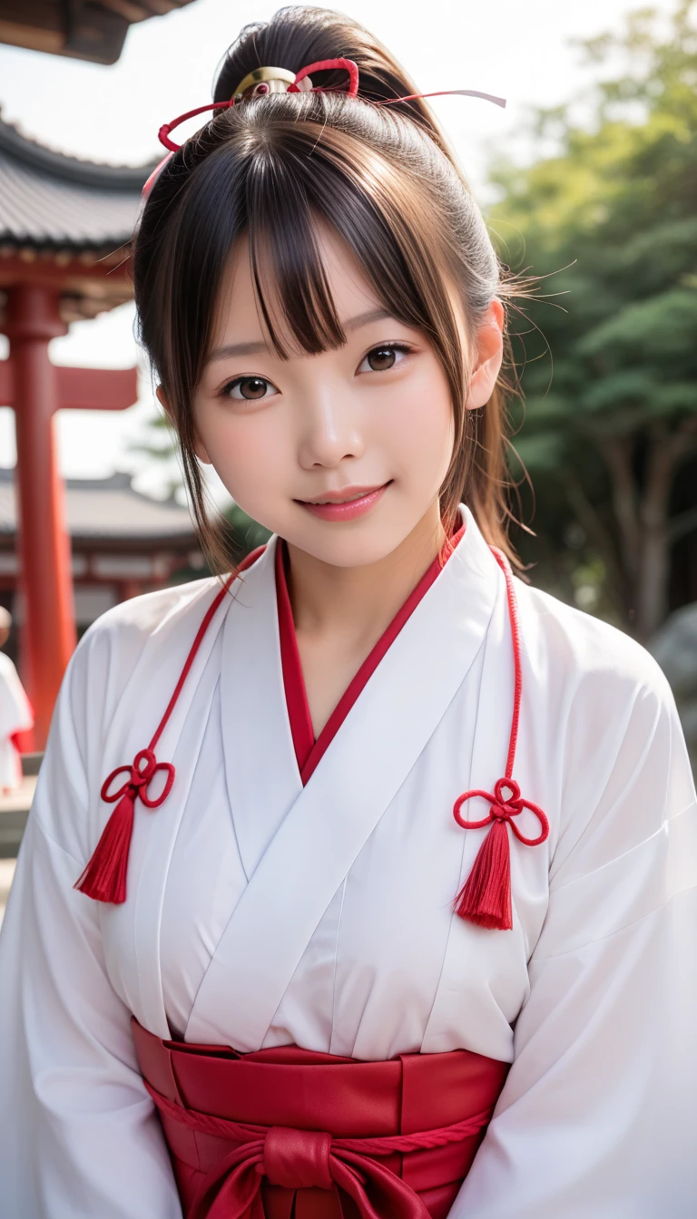 shrine maiden outfit,big chest, masterpiece, highest quality, Super detailed, shape, beautiful and detailed eyes, close, 1 girl, beautiful japanese girl,Hair length is long,Standing in front of the shrine,full body photo,upright