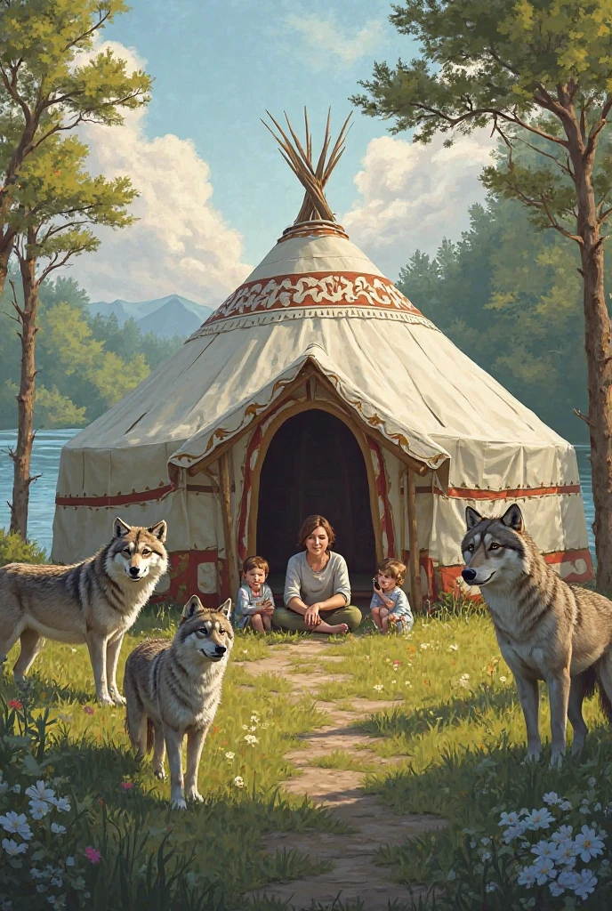 yurt with windows, Meer, Wolves , 1Mama, 2 Kinder