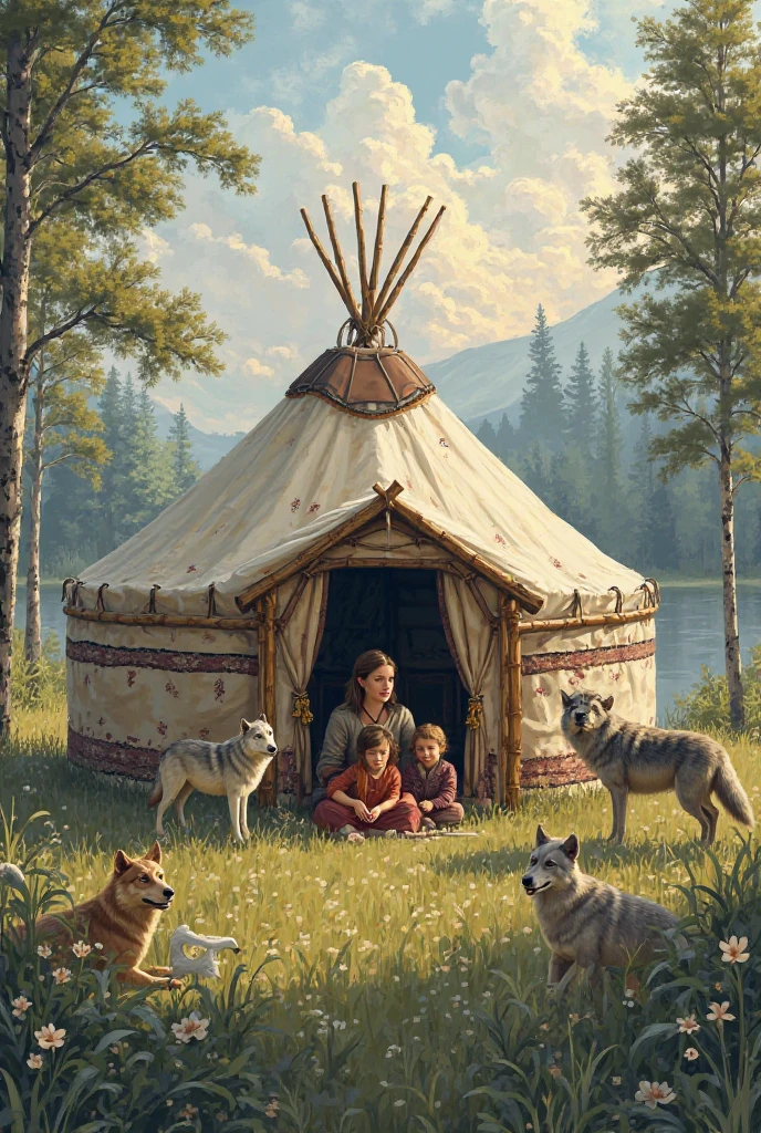 yurt with windows, Meer, Wolves , 1Mama, 2 Kinder