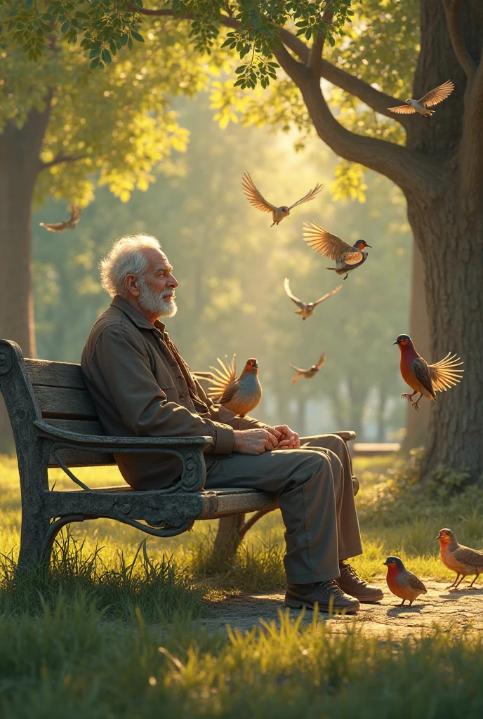 old man on park bench surrounded by birds, trees glowing in morning sun