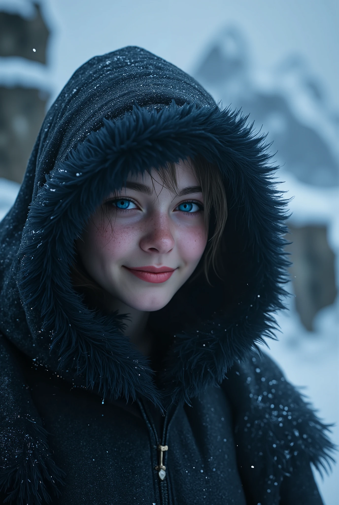 (ultra Realistic) , (illustration), (Enhance resolution), (8k), ( Extremely Detailed), ( detailed face ), Slim Body, in the dark , deep shadow, low profile, pureerosfaceace_v1, Happy smile, Winter, Mountain