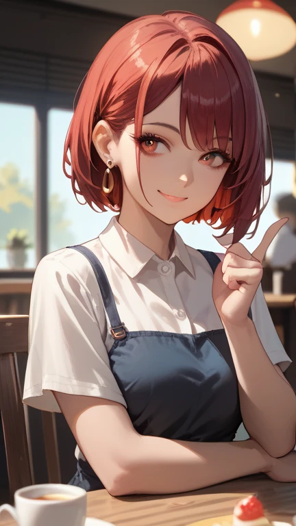 1 girl, solo, high resolution, Look to , smile, red eyes, accessories, earrings,  quick, red hair, Cafe,short bob,finger heart