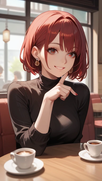 1 girl, solo, high resolution, Look to , smile, red eyes, accessories, earrings,  quick, red hair, Cafe,short bob,finger heart